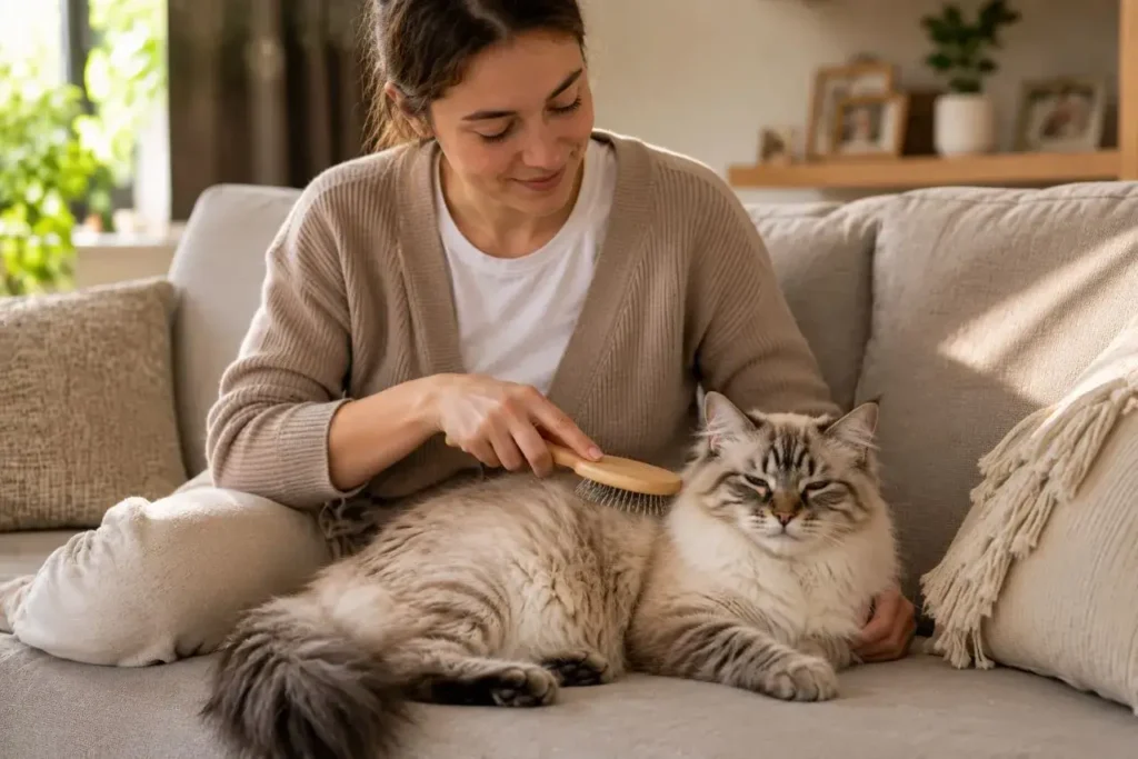 A cozy moment with a fluffy cat