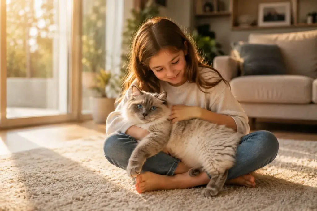 Afternoon cuddle with a fluffy cat