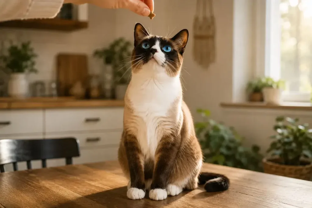 Cat focused on treat in cozy kitchen