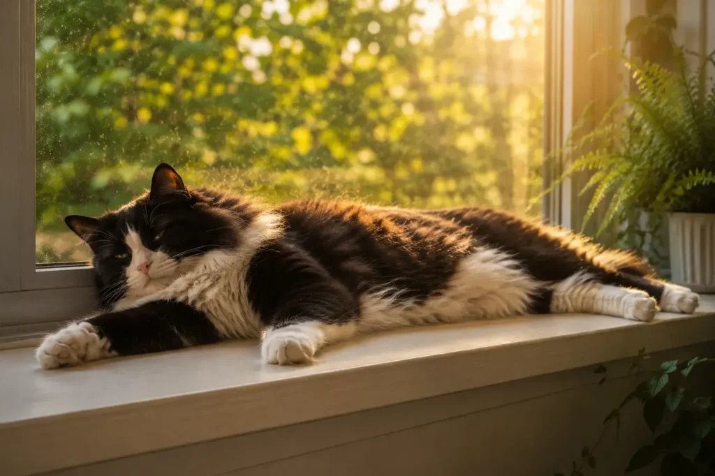 Cozy cat basking in sunset warmth