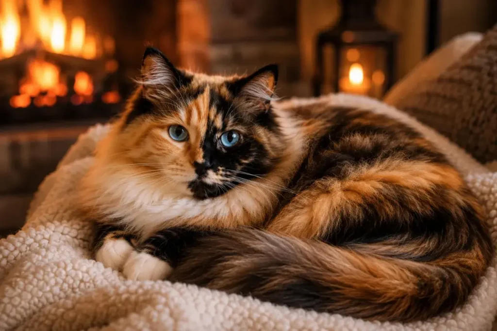 Cozy cat by the fire