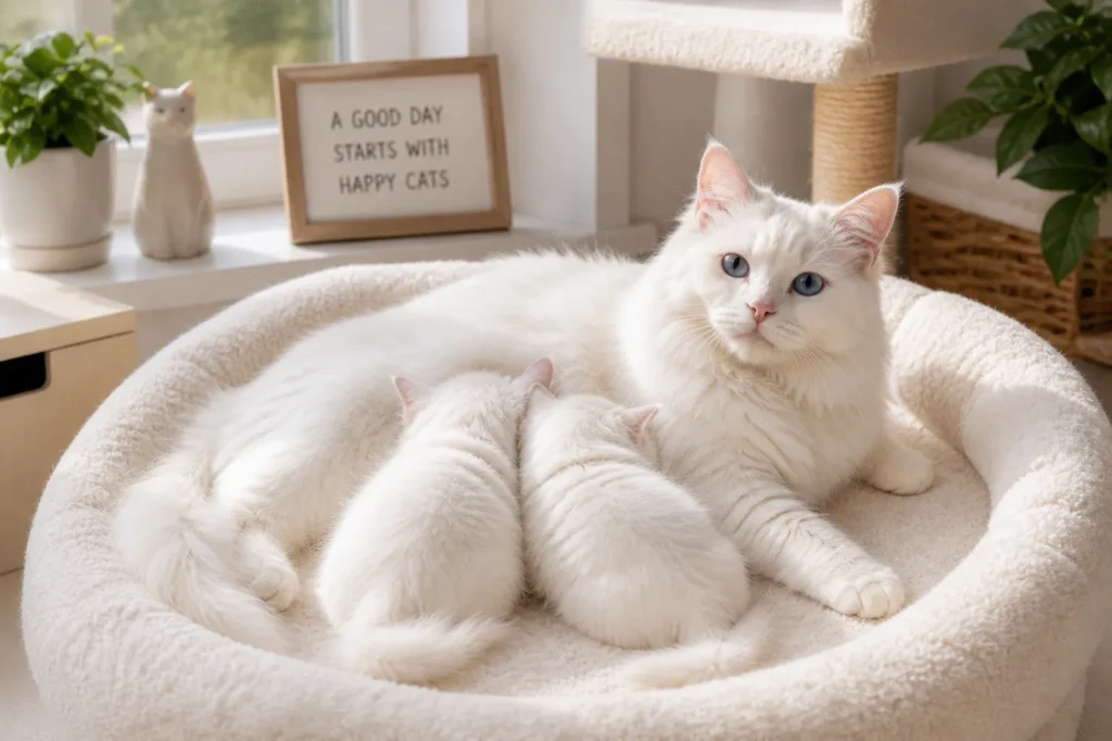 Cozy cat family in soft bed