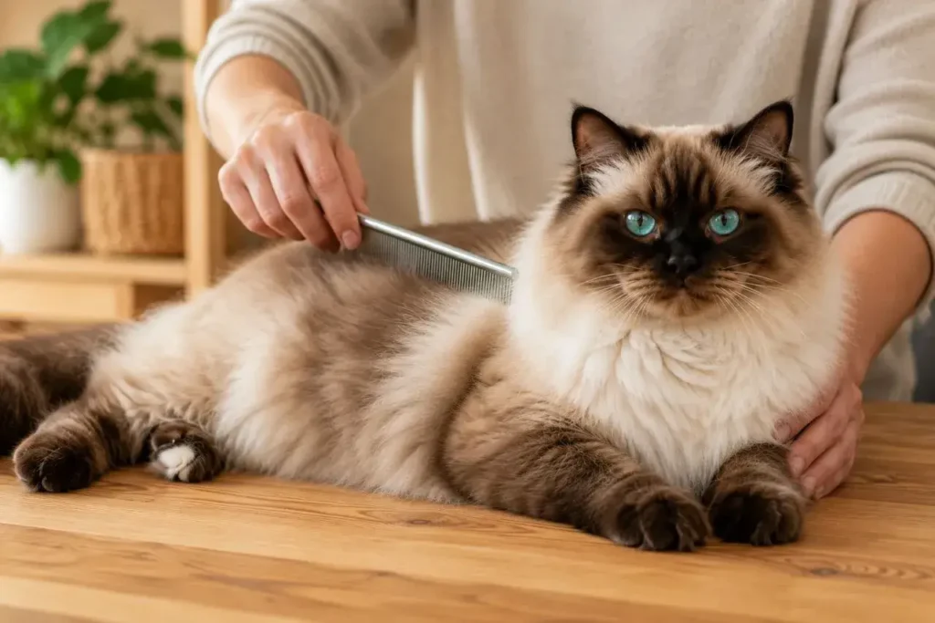 Cozy grooming session with a fluffy cat