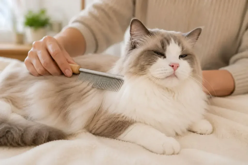Cozy grooming session with a ragdoll cat