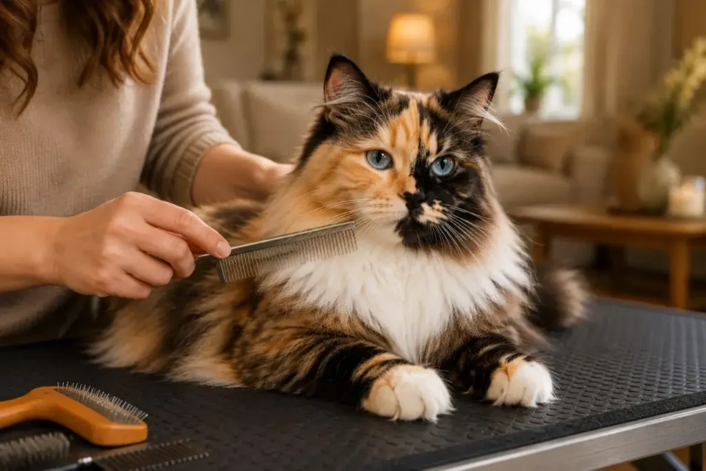 Cozy grooming time with a calico cat