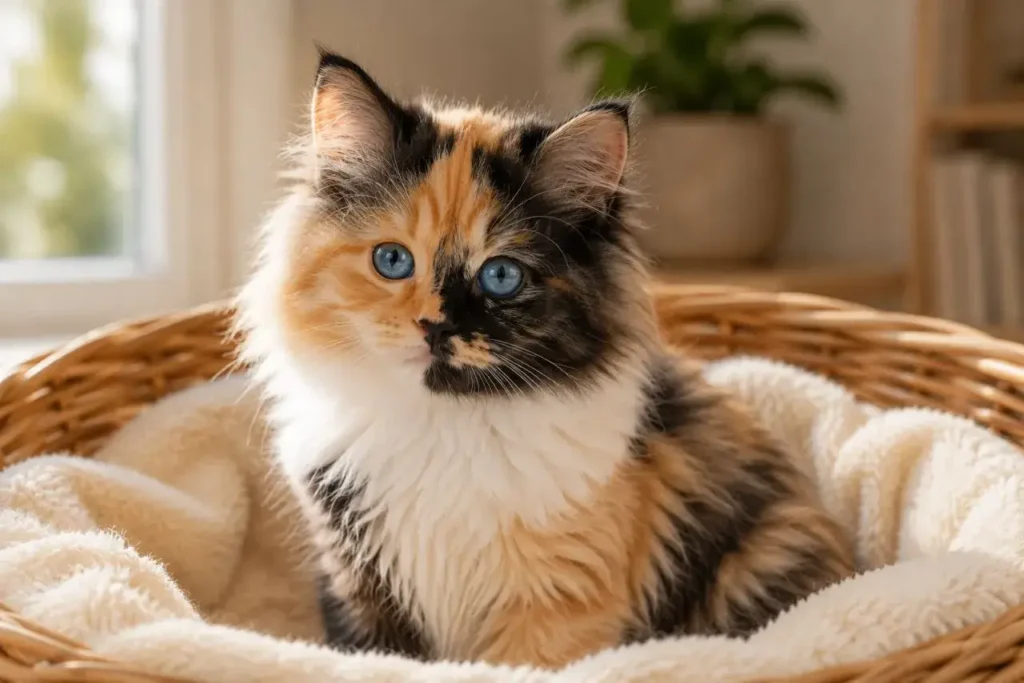 Cozy kitten in a wicker basket Tortoiseshell Calico Ragdoll Cat