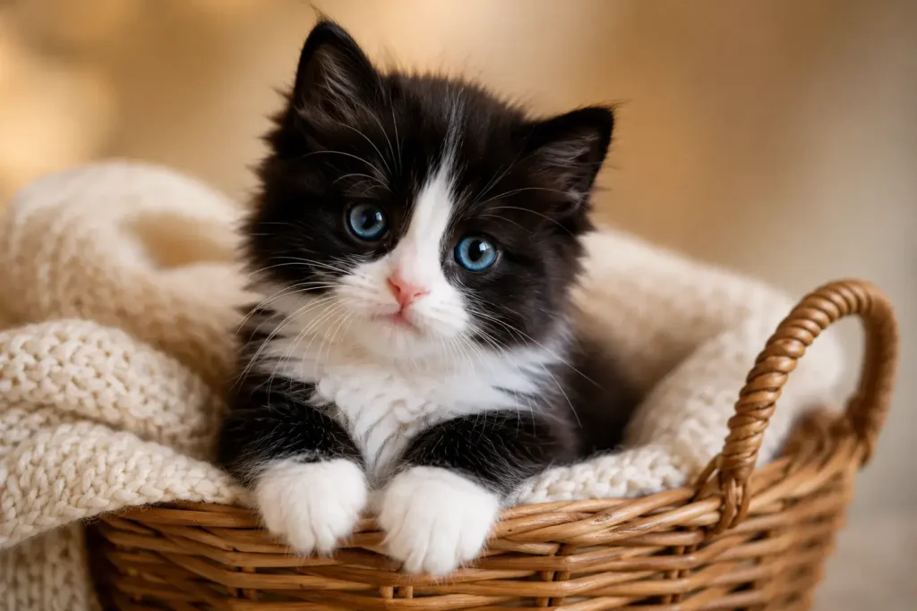 Cozy kitten in a woven basket