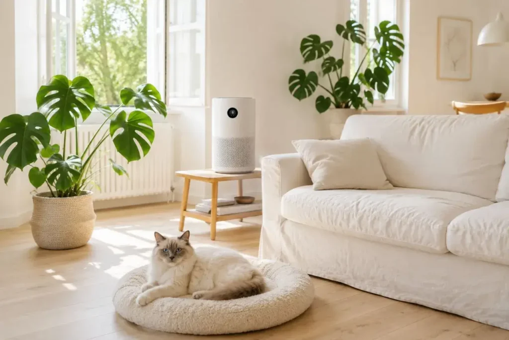 Cozy minimalist living room with cat