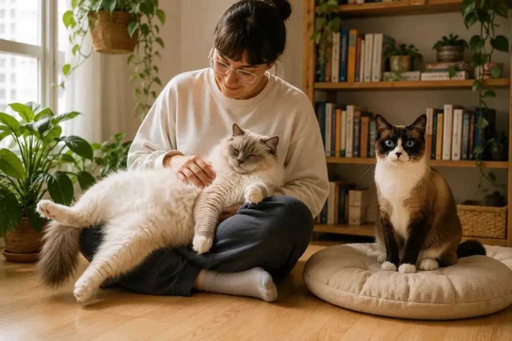 Cozy reading nook with cats