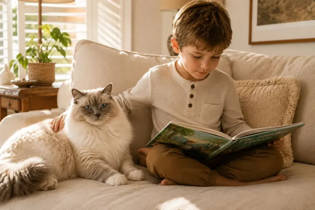 Cozy reading time with a fluffy companion
