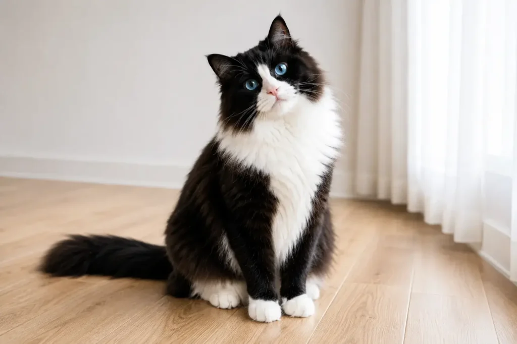 Curious tuxedo cat in soft light
