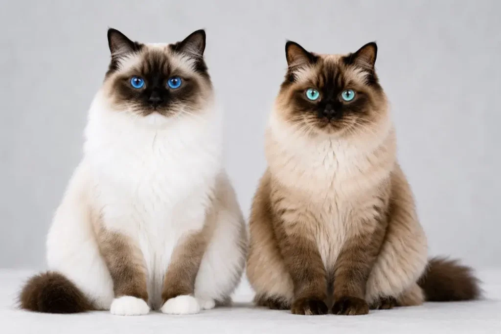 Fluffy Ragdoll cats in studio portrait