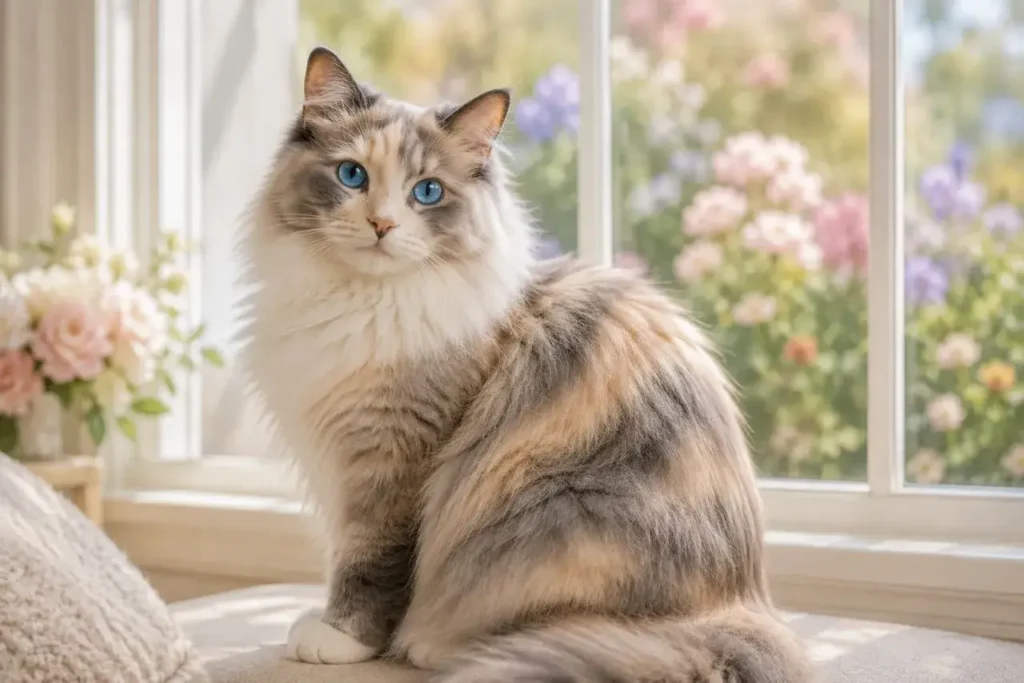 Fluffy cat by the sunny window