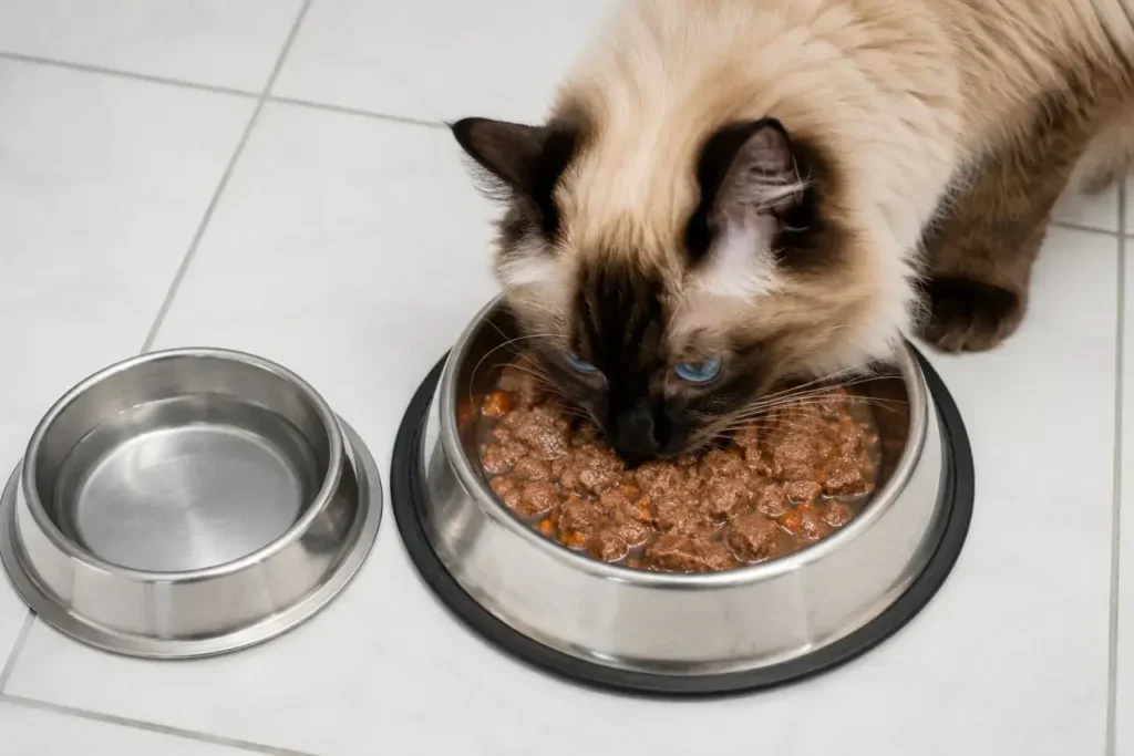 Fluffy cat enjoying its meal