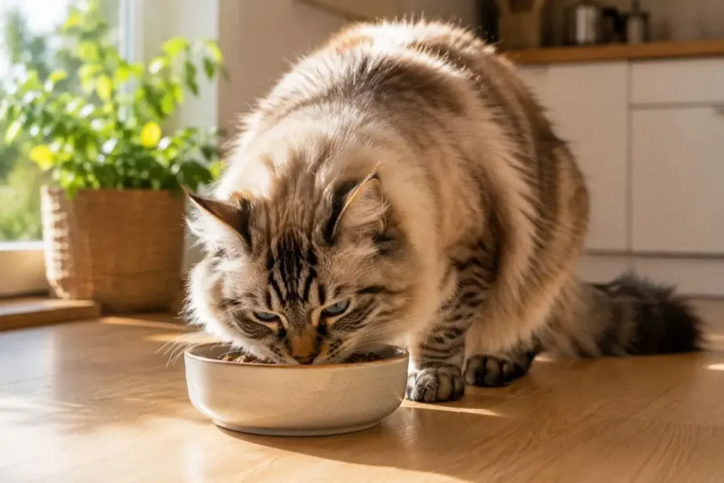 Fluffy cat enjoying meal in sunlight