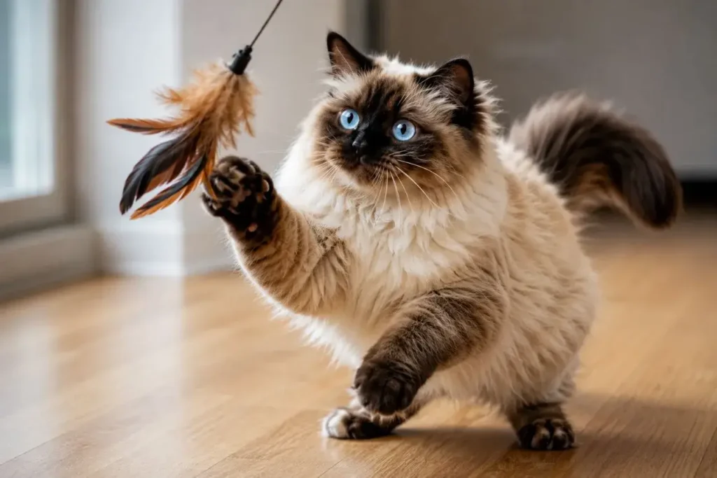 Fluffy cat playing with feather toy