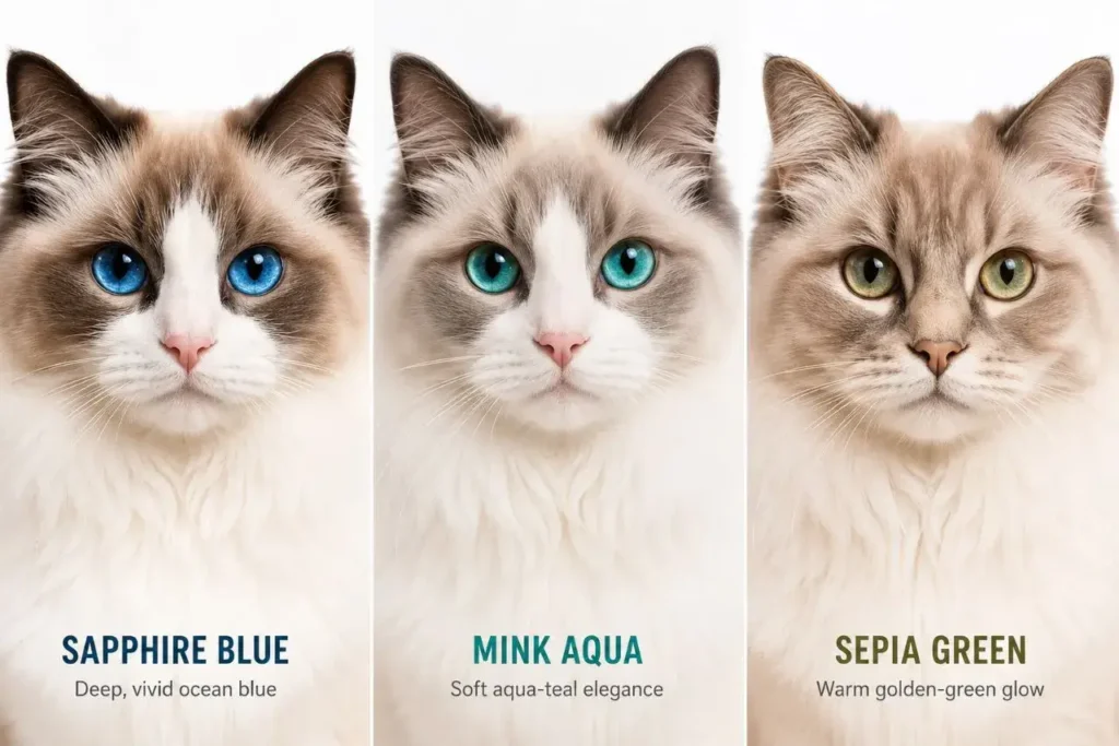 Fluffy cat triptych with color accents