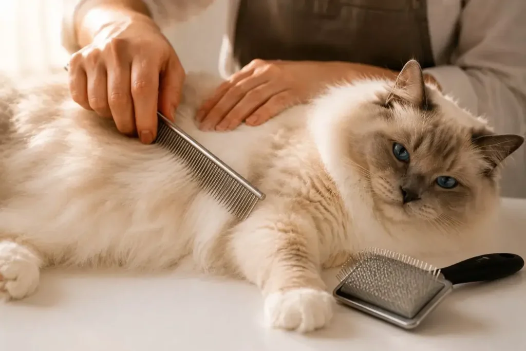 Gentle cat grooming session indoors
