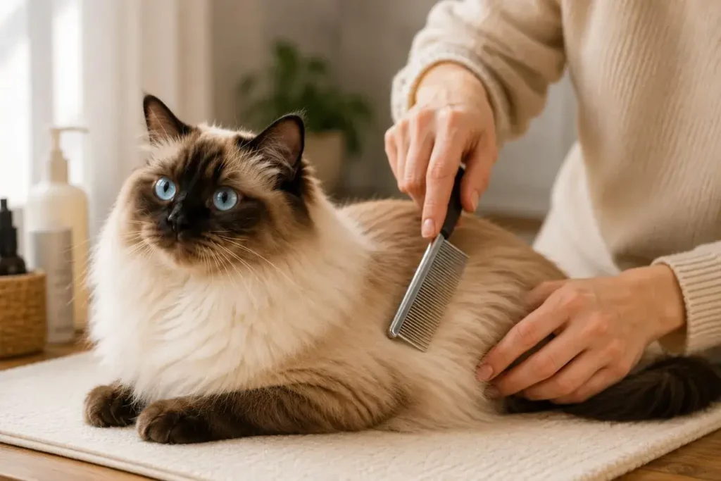 Grooming time for a cozy cat