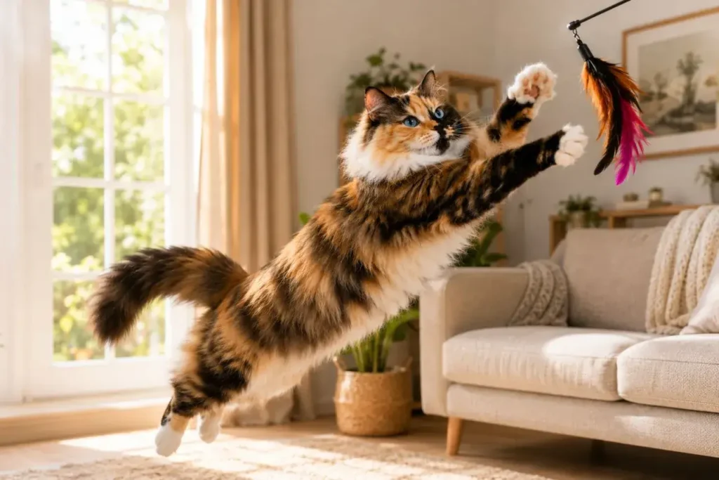 Jumping for the feather toy