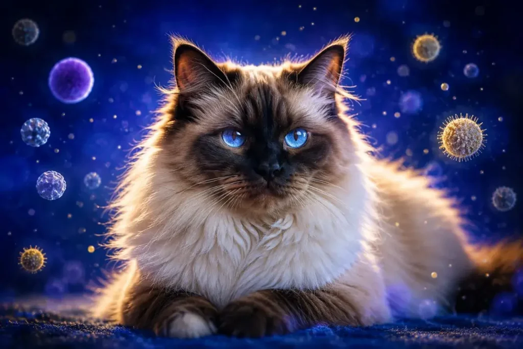 Majestic cat amidst glowing particles