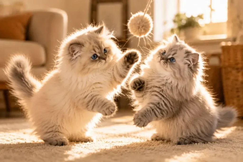 Playful kittens in sunlit living room