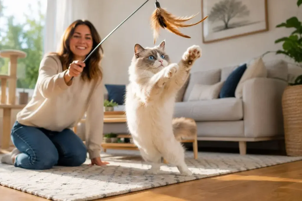 Playful moment in a cozy living room