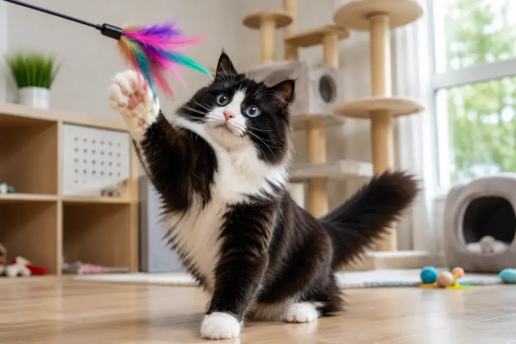 Playful tuxedo cat chasing feather toy
