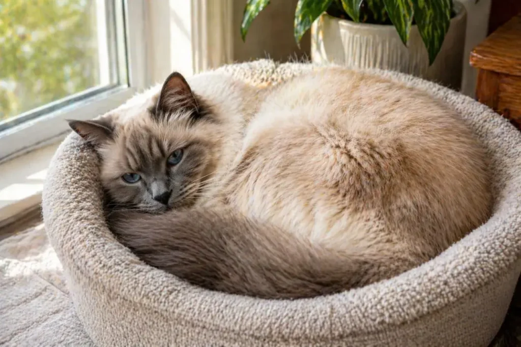 Ragdoll Himalayan mix cat curled up