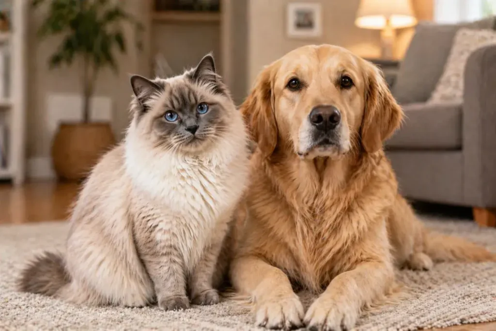 cat sitting retriever dog