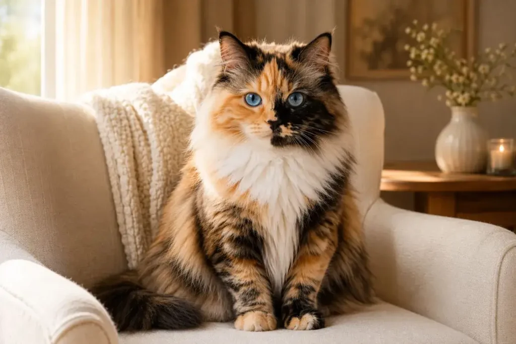 Regal cat in a cozy living room Tortoiseshell Calico Ragdoll Cat