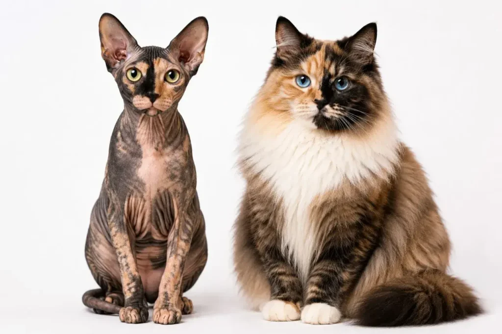 Sphynx and long-haired cats in studio