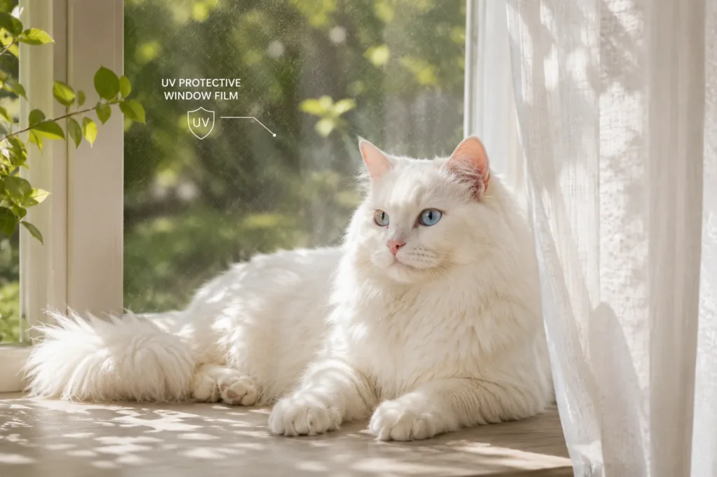 Sunlit cat by the window