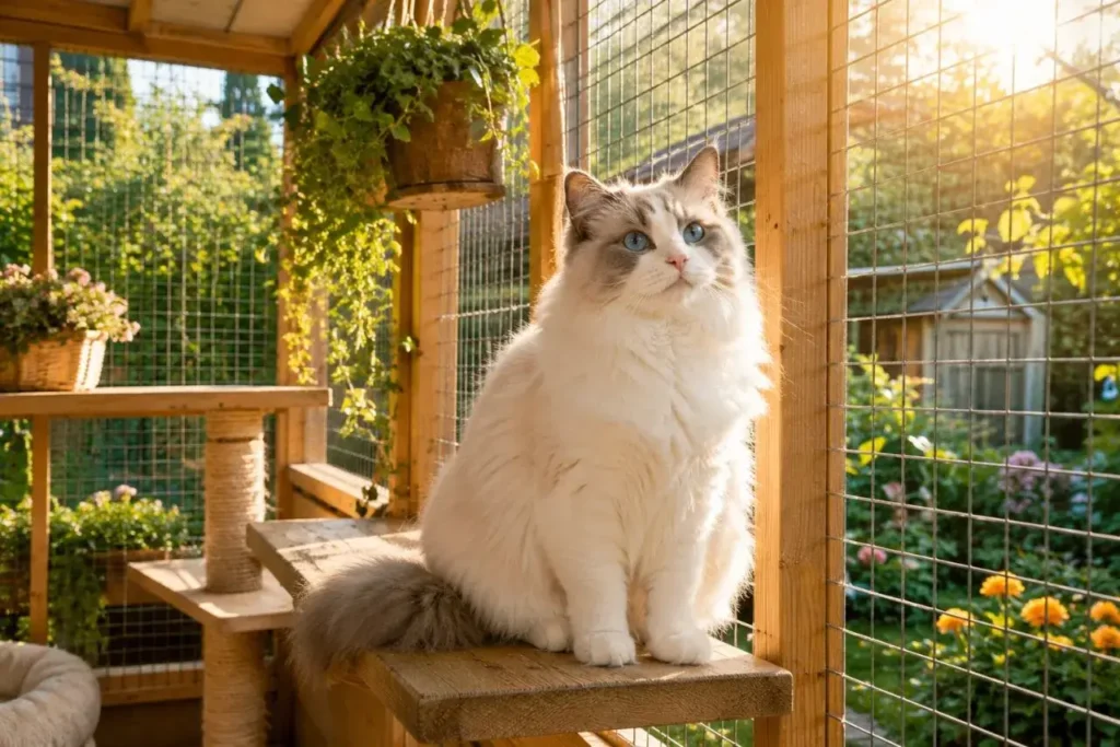 Sunny catio with a curious kitty
