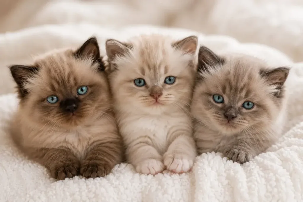 Three fluffy kittens in soft light