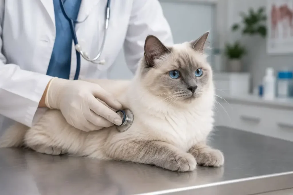 Veterinarian exam with a fluffy cat