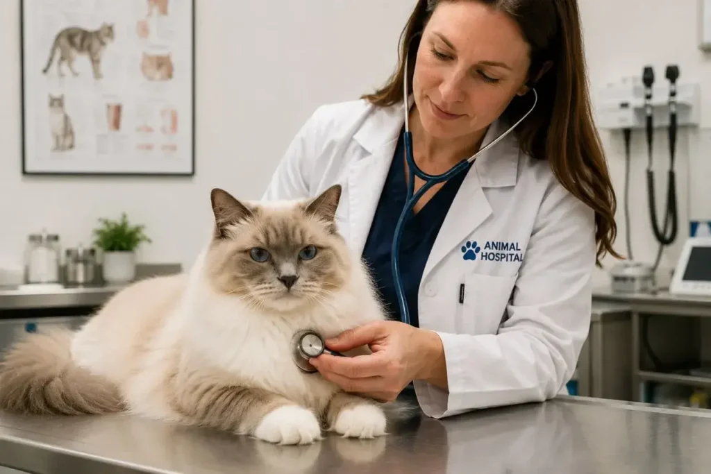 Veterinarian examining a fluffy cat
