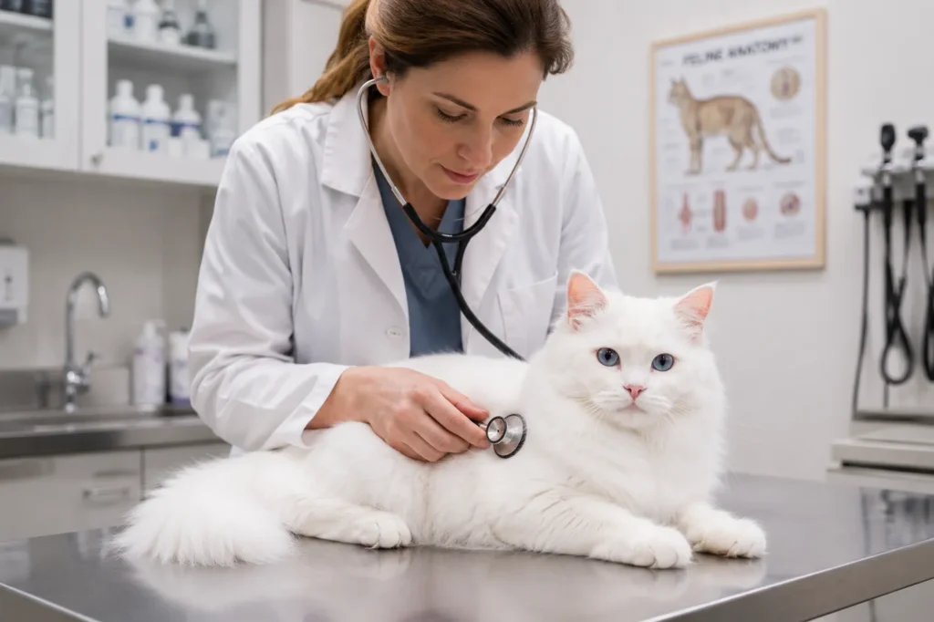 Veterinarian examining fluffy white cat