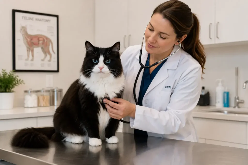 Veterinarian with cat in exam room