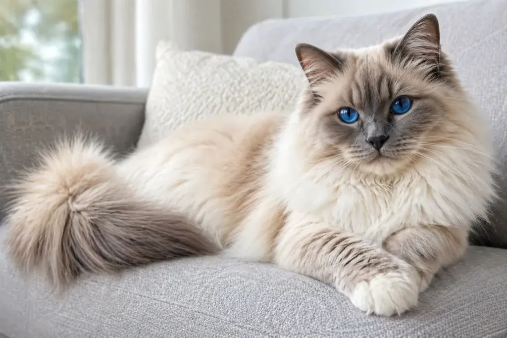 fluffy cream-and-white Ragdoll