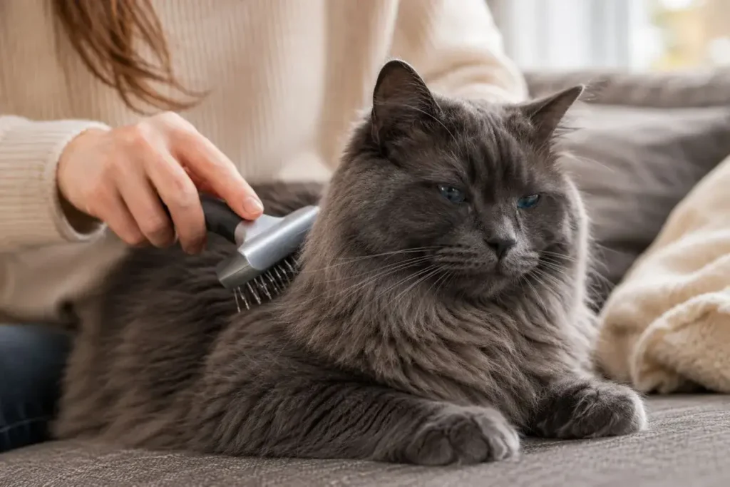 Brushing the fluffy grey cat