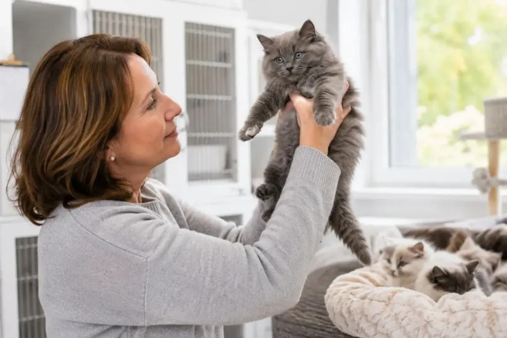 Caring gesture in a kitten nursery