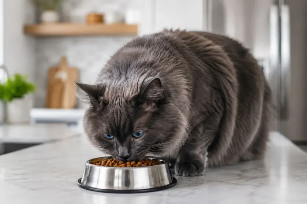 Cat enjoying kibble in modern kitchen