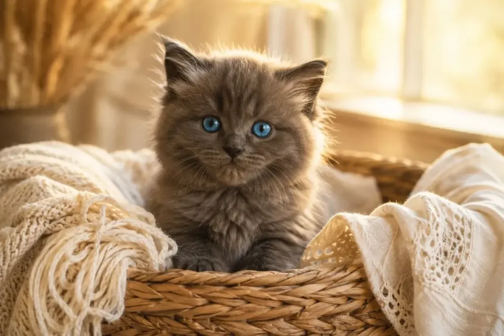 Cozy kitten in a wicker basket