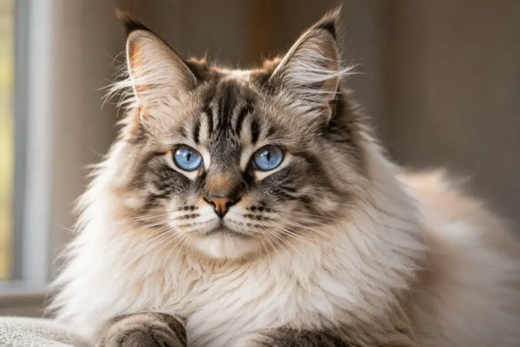 Fluffy cat by the window Maine Coon Mixed with Ragdoll