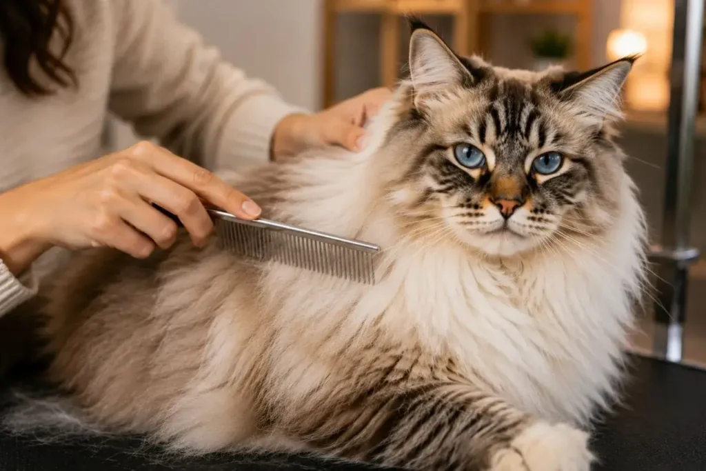 Fluffy cat grooming session in cozy room