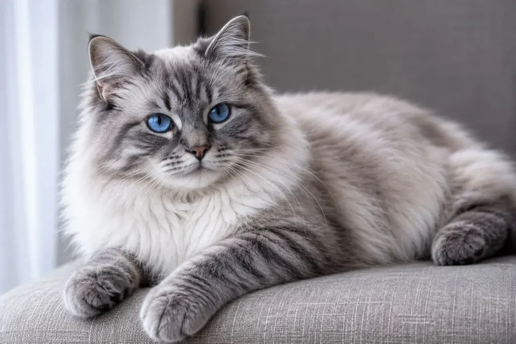 Fluffy cat lounging in cozy light Dark Gray Ragdoll Cat