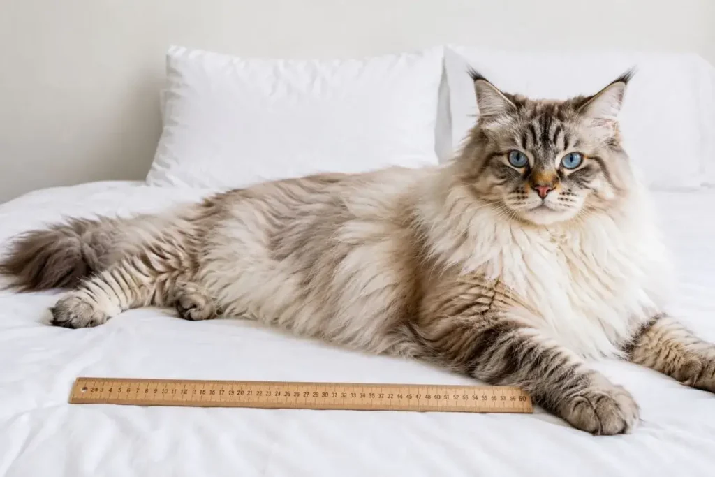 Fluffy cat on a white bed Maine Coon Mixed with Ragdoll