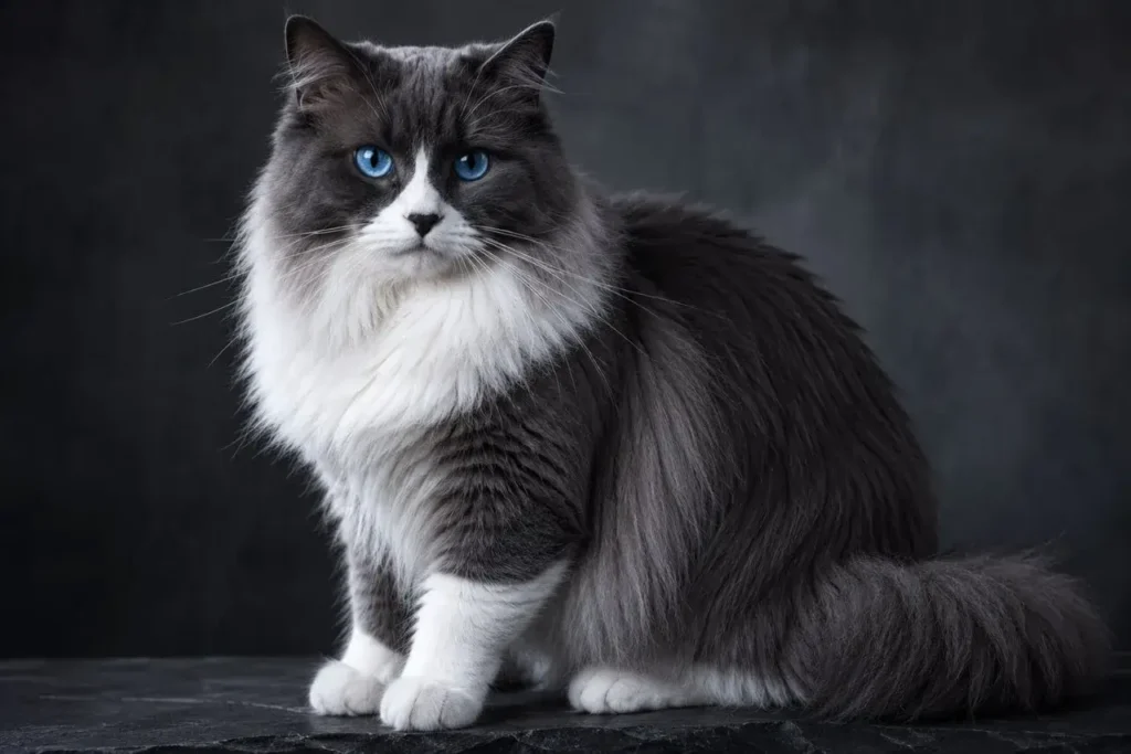Fluffy elegance in soft lighting Dark Gray Ragdoll Cat