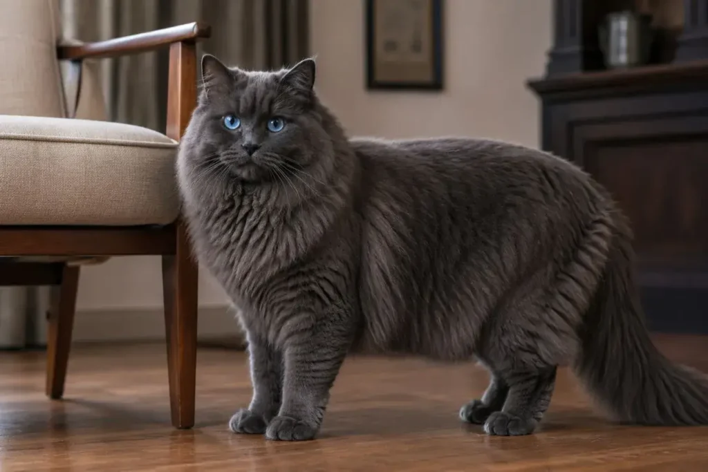 Fluffy gray cat in cozy room Dark Gray Ragdoll Cat